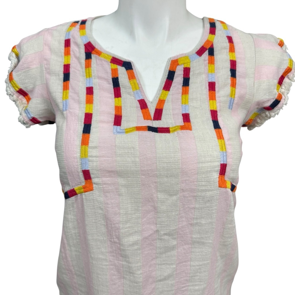 THML White Pink Stripe Multicolor Embroidered Short Sleeve Top L - Picture 2 of 9